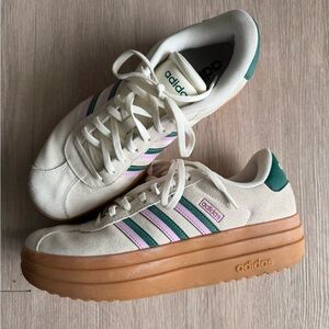 adidas Women's Cream Platform Sneakers with Pink & Green Stripes and Gum Sole